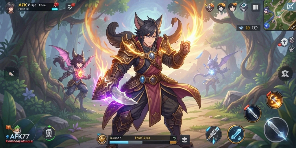 Tampilan gameplay AFK77 yang penuh aksi dan karakter anime menarik.