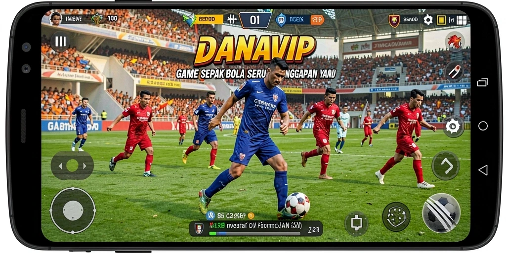 Screenshot gameplay DANAVIP menampilkan aksi seru di lapangan sepak bola.