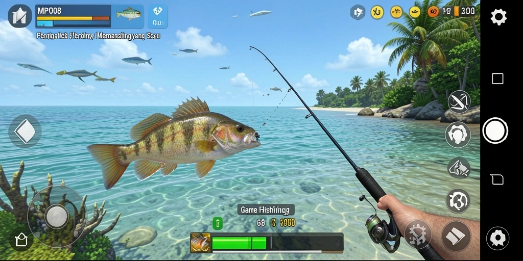 Screenshot MPO08 menampilkan suasana memancing yang menakjubkan dan fishing rod.