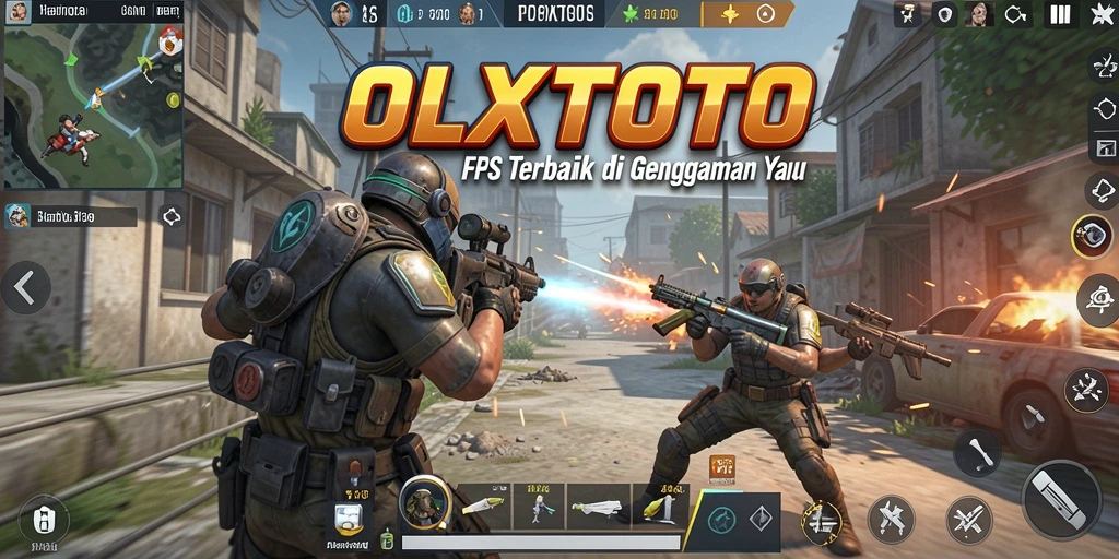 Screenshot gameplay OLXTOTO menampilkan aksi pertempuran FPS yang intens.