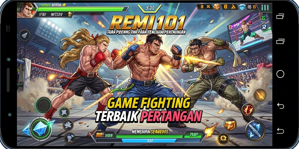 Tampilan gameplay <strong>REMI101</strong> yang menegangkan dalam pertarungan antar karakter.